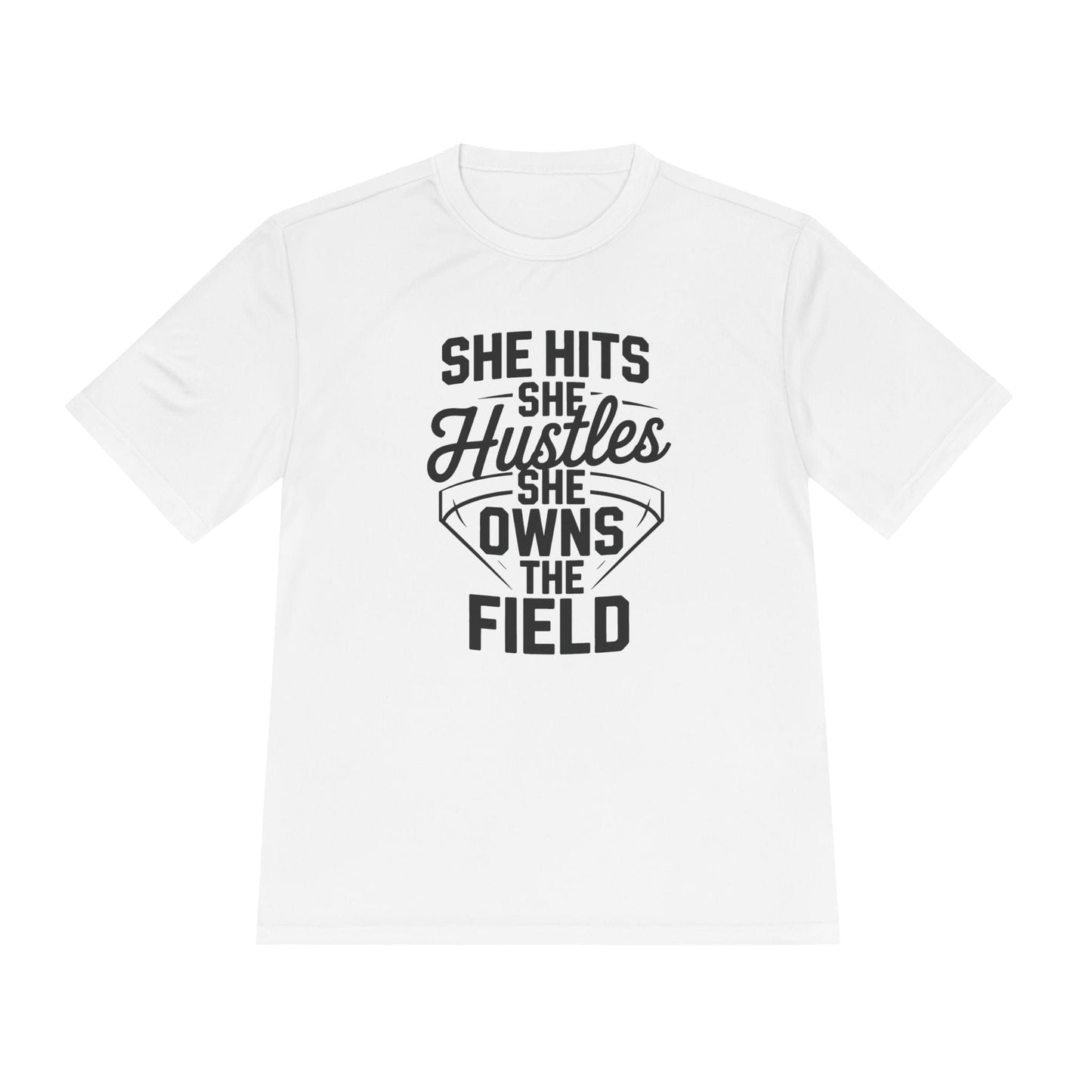 She Hits She Hustles She Owns the Field Unisex Moisture Wicking Tee
