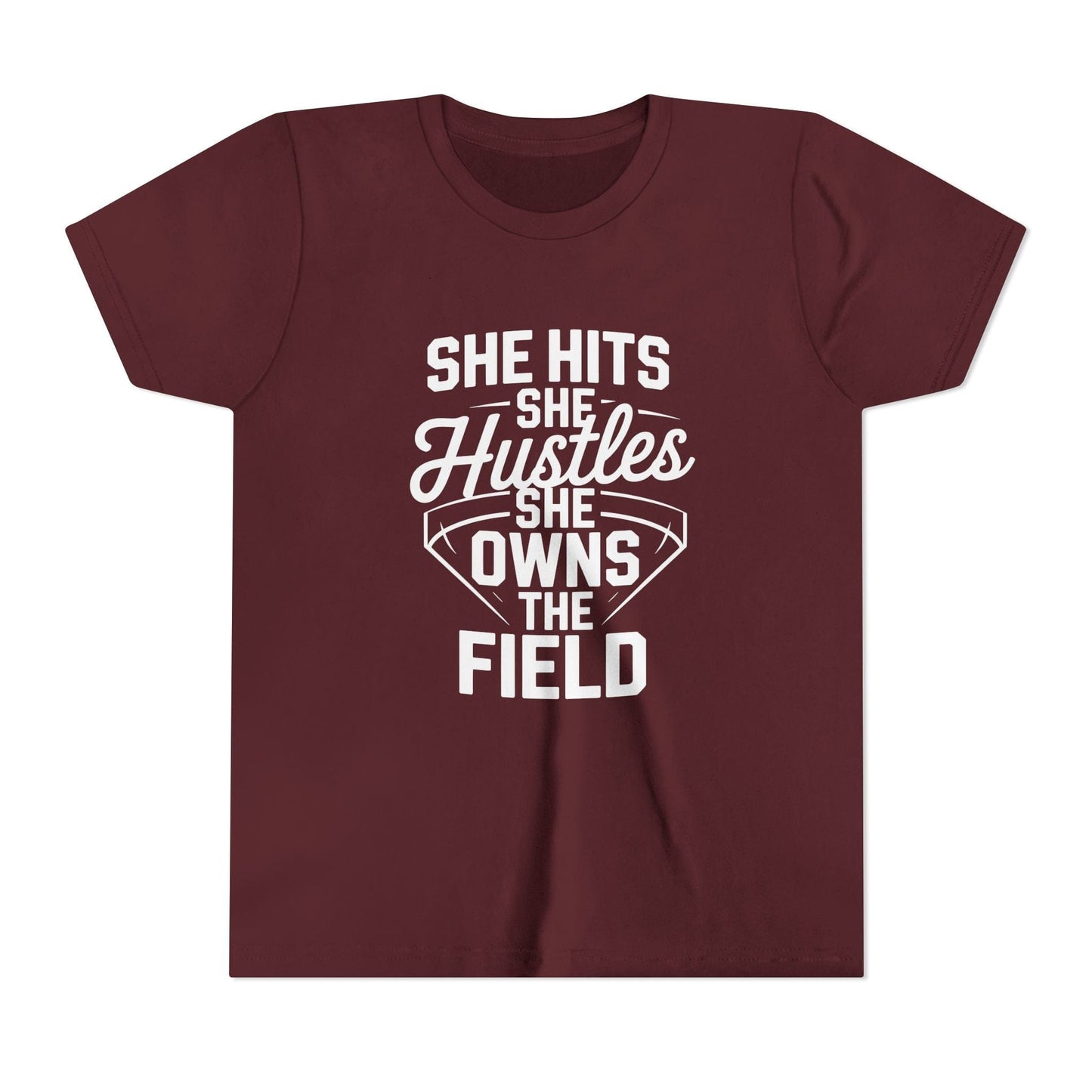 She Hits She Hustles She Owns the Field Youth Short Sleeve Tee