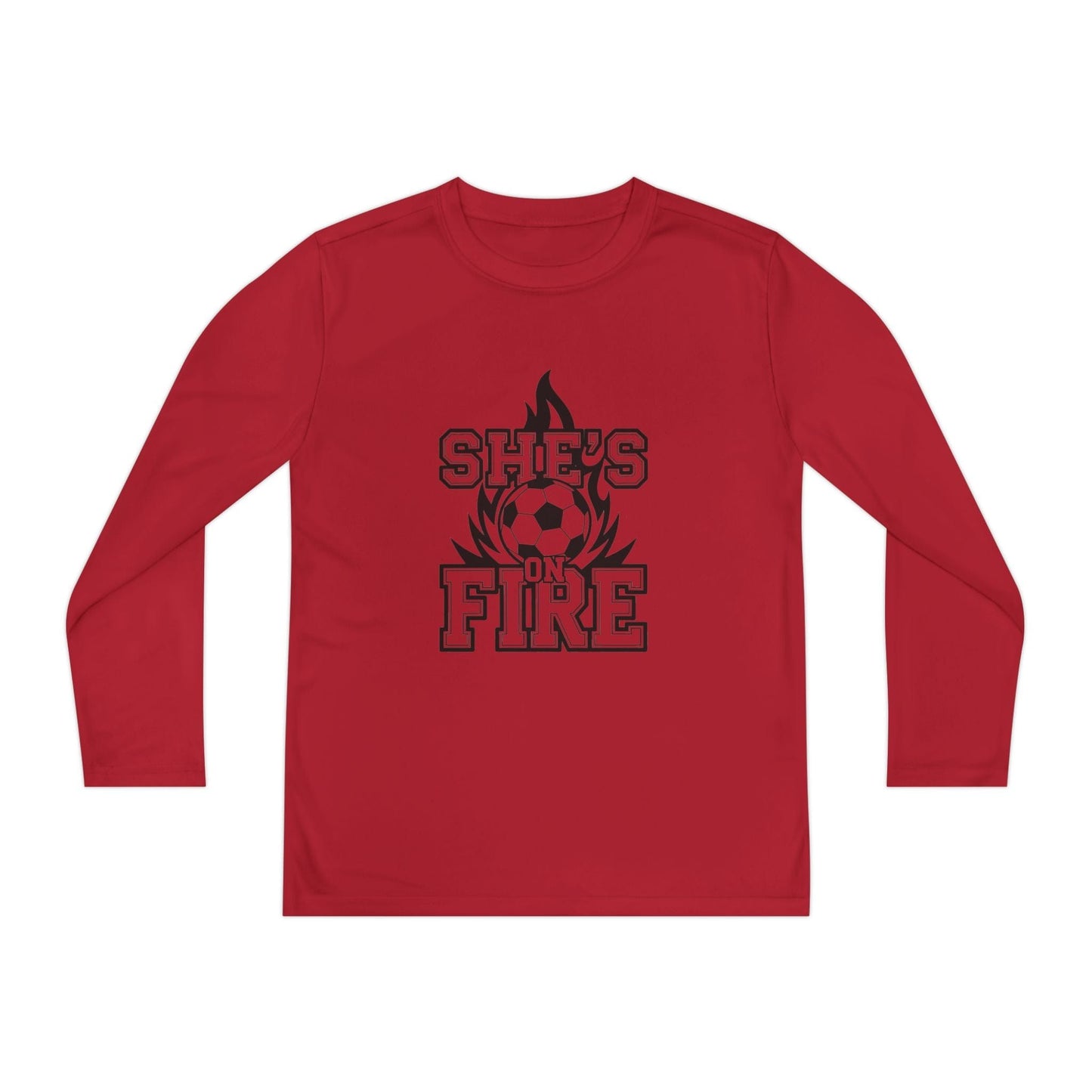 She's On Fire Soccer Youth Long Sleeve Competitor Tee