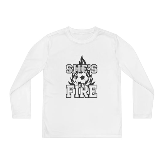 She's On Fire Soccer Youth Long Sleeve Competitor Tee