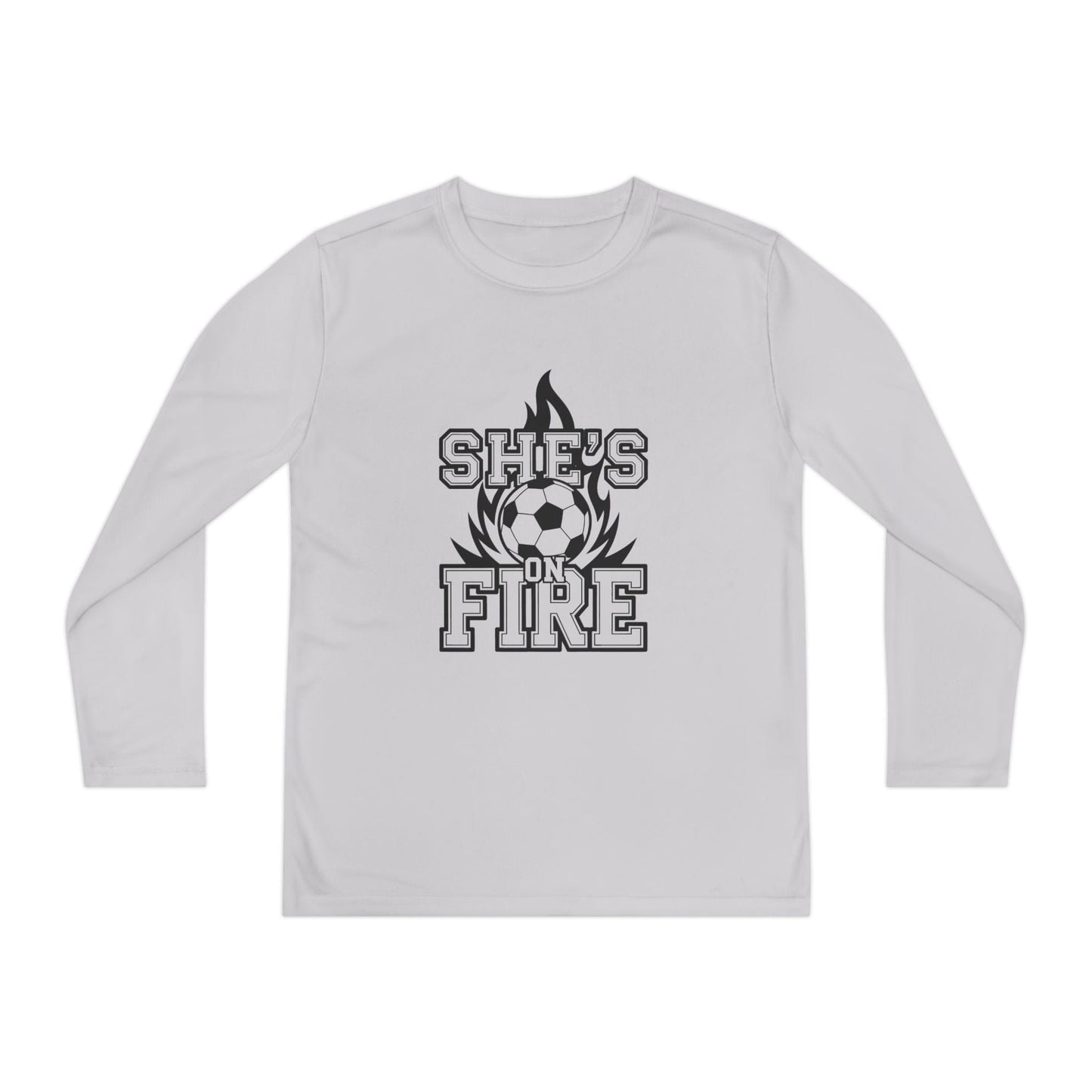 She's On Fire Soccer Youth Long Sleeve Competitor Tee