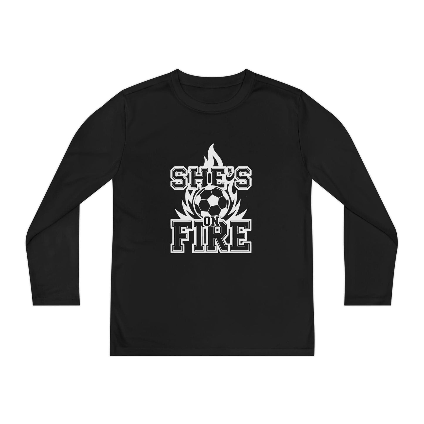 She's On Fire Soccer Youth Long Sleeve Competitor Tee