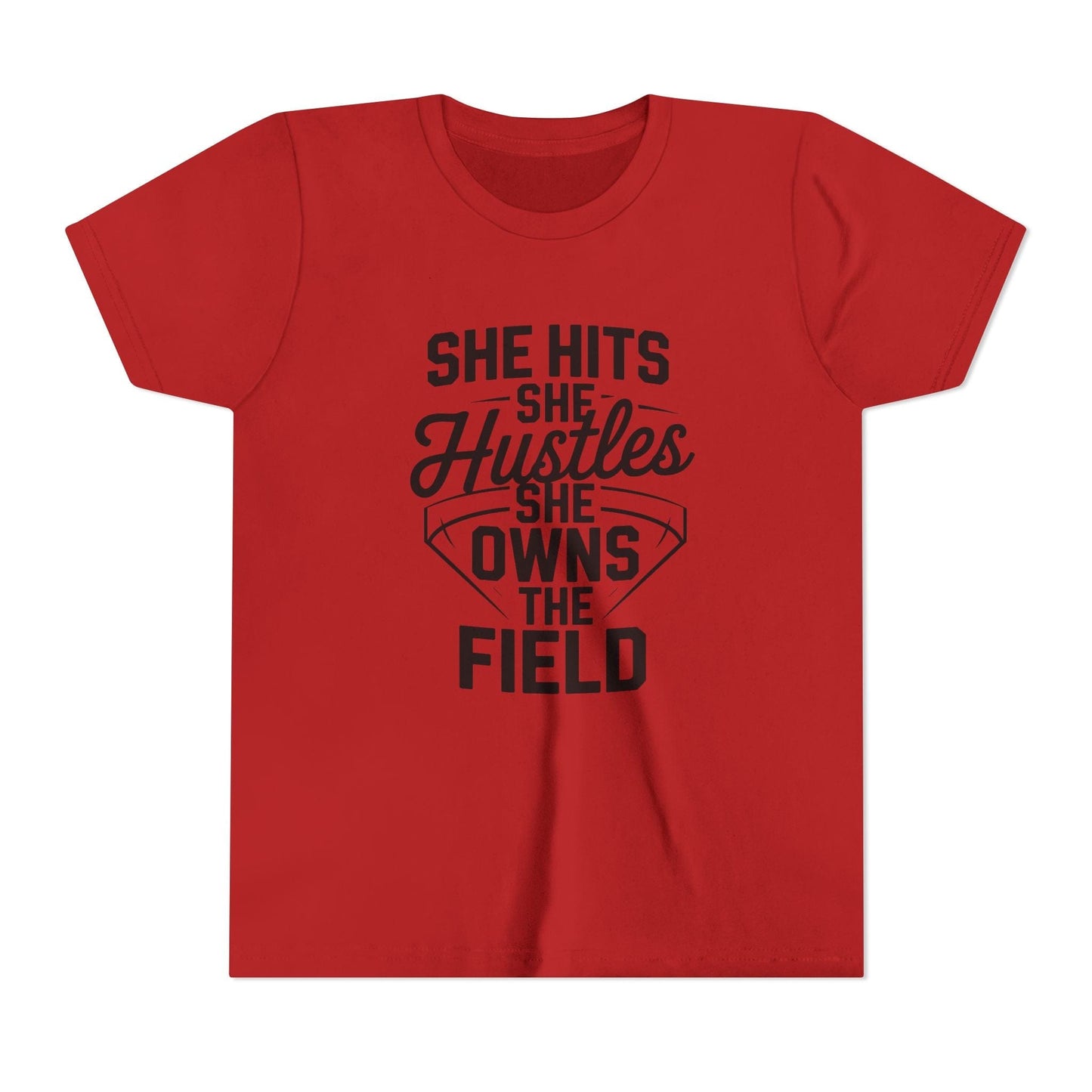 She Hits She Hustles She Owns the Field Youth Short Sleeve Tee