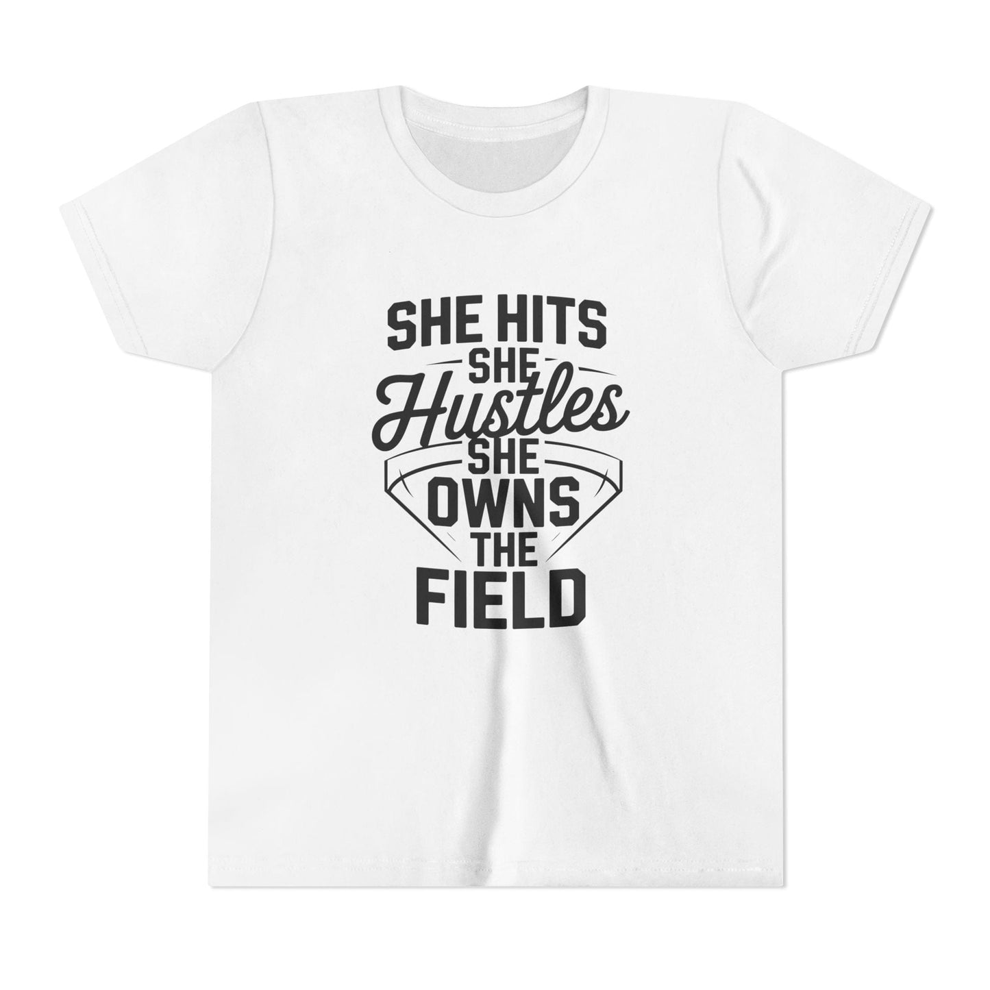 She Hits She Hustles She Owns the Field Youth Short Sleeve Tee