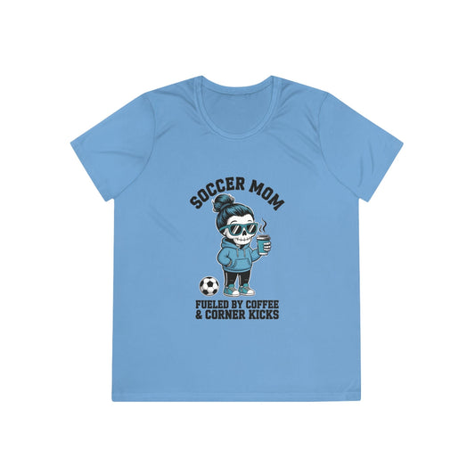 Coffee And Corner Kicks Mom Ladies Moisture Wicking Tee