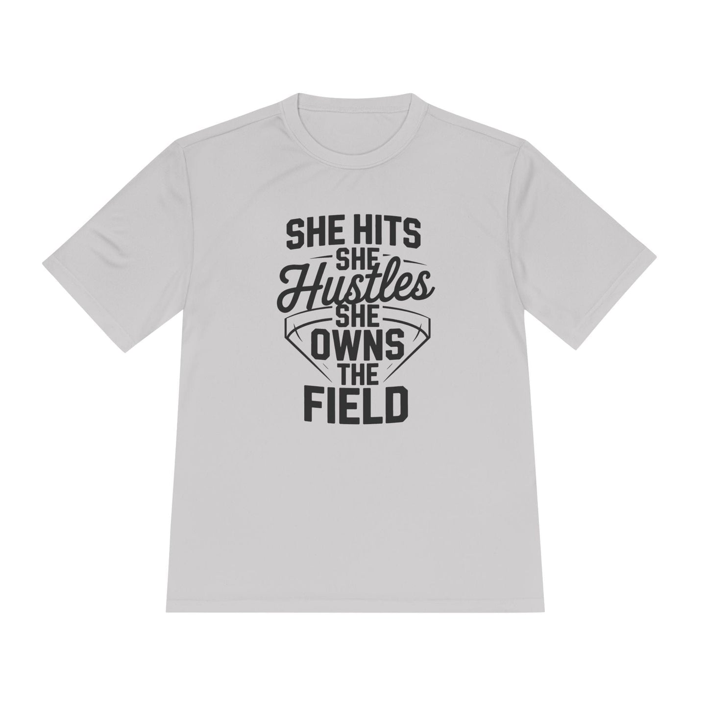 She Hits She Hustles She Owns the Field Unisex Moisture Wicking Tee