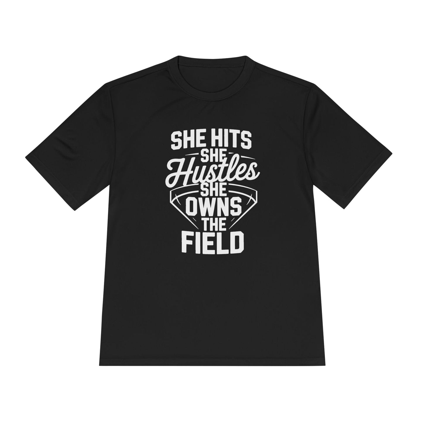 She Hits She Hustles She Owns the Field Unisex Moisture Wicking Tee
