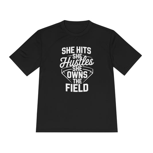 She Hits She Hustles She Owns the Field Unisex Moisture Wicking Tee