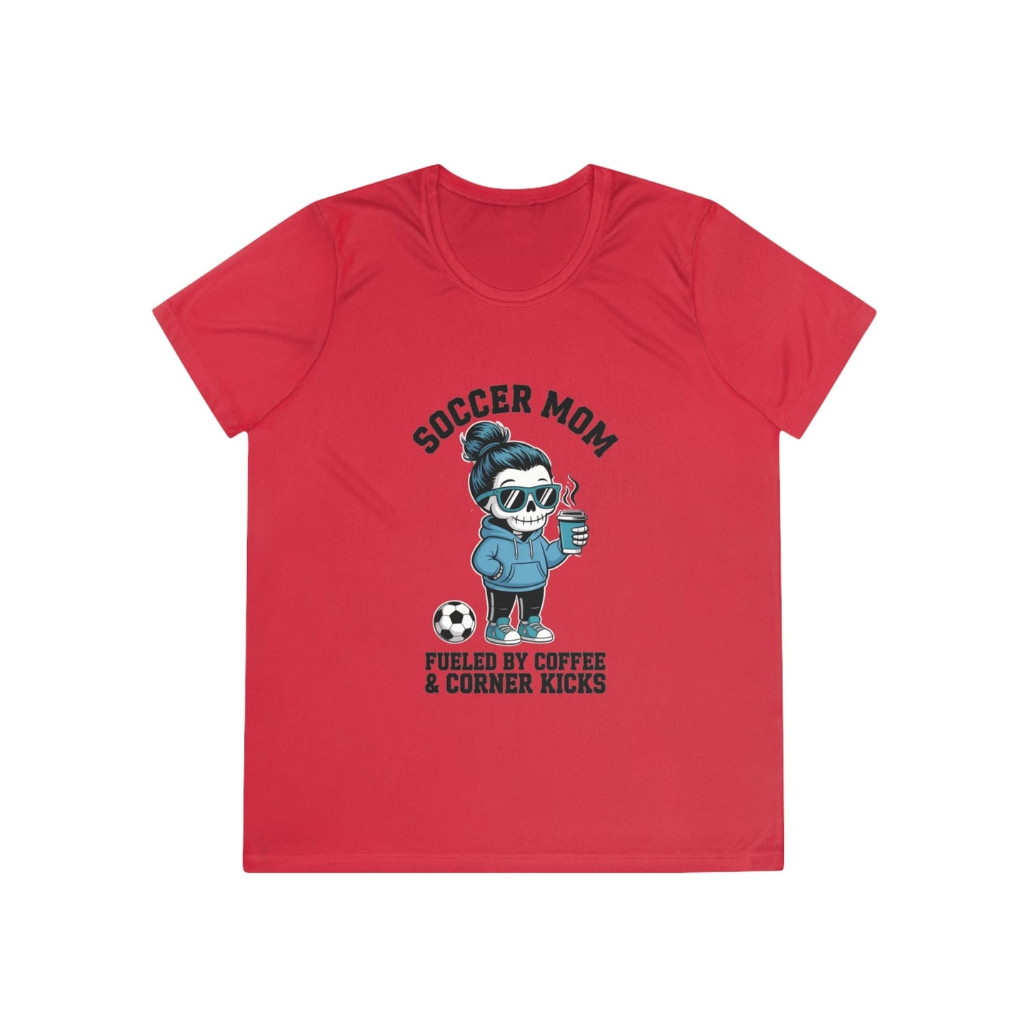 Coffee And Corner Kicks Mom Ladies Moisture Wicking Tee
