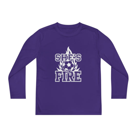 She's On Fire Soccer Youth Long Sleeve Competitor Tee
