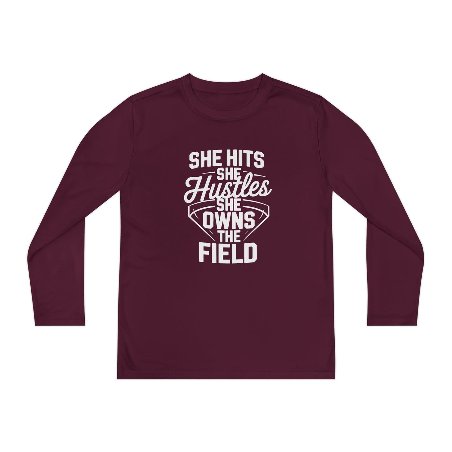 She Hits She Hustles She Owns the Field Youth Long Sleeve Competitor Tee