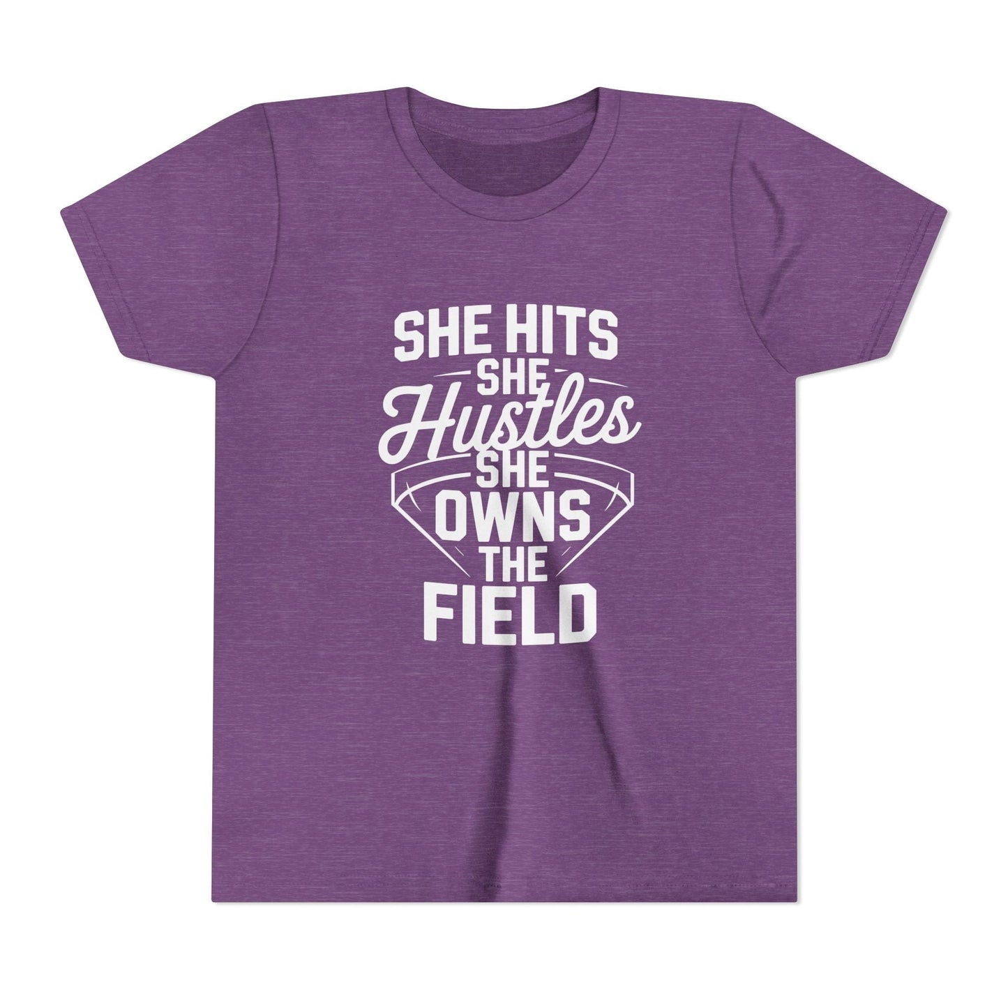 She Hits She Hustles She Owns the Field Youth Short Sleeve Tee