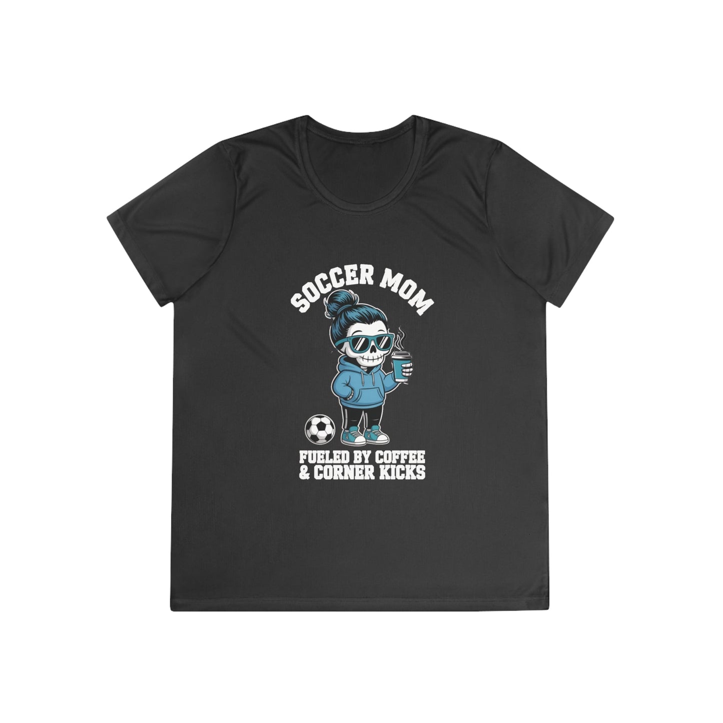 Coffee And Corner Kicks Mom Ladies Moisture Wicking Tee