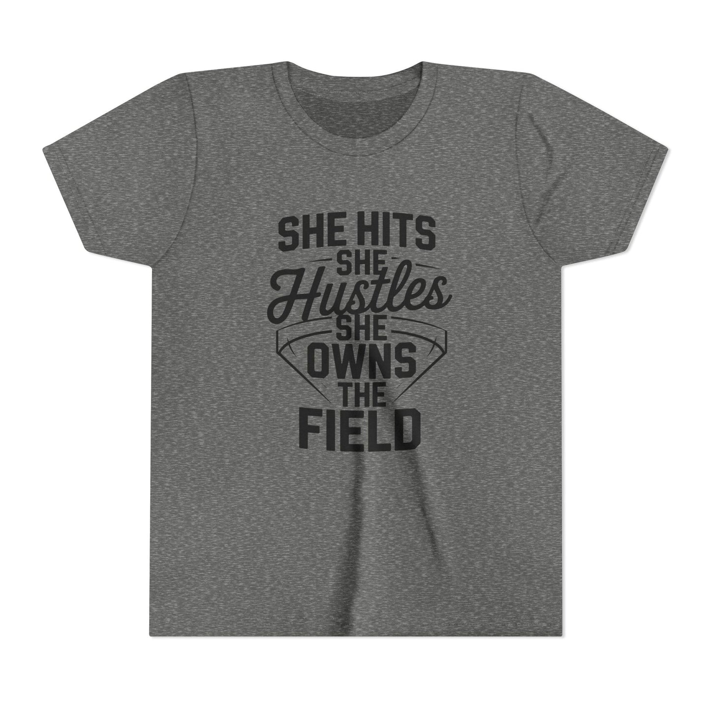She Hits She Hustles She Owns the Field Youth Short Sleeve Tee
