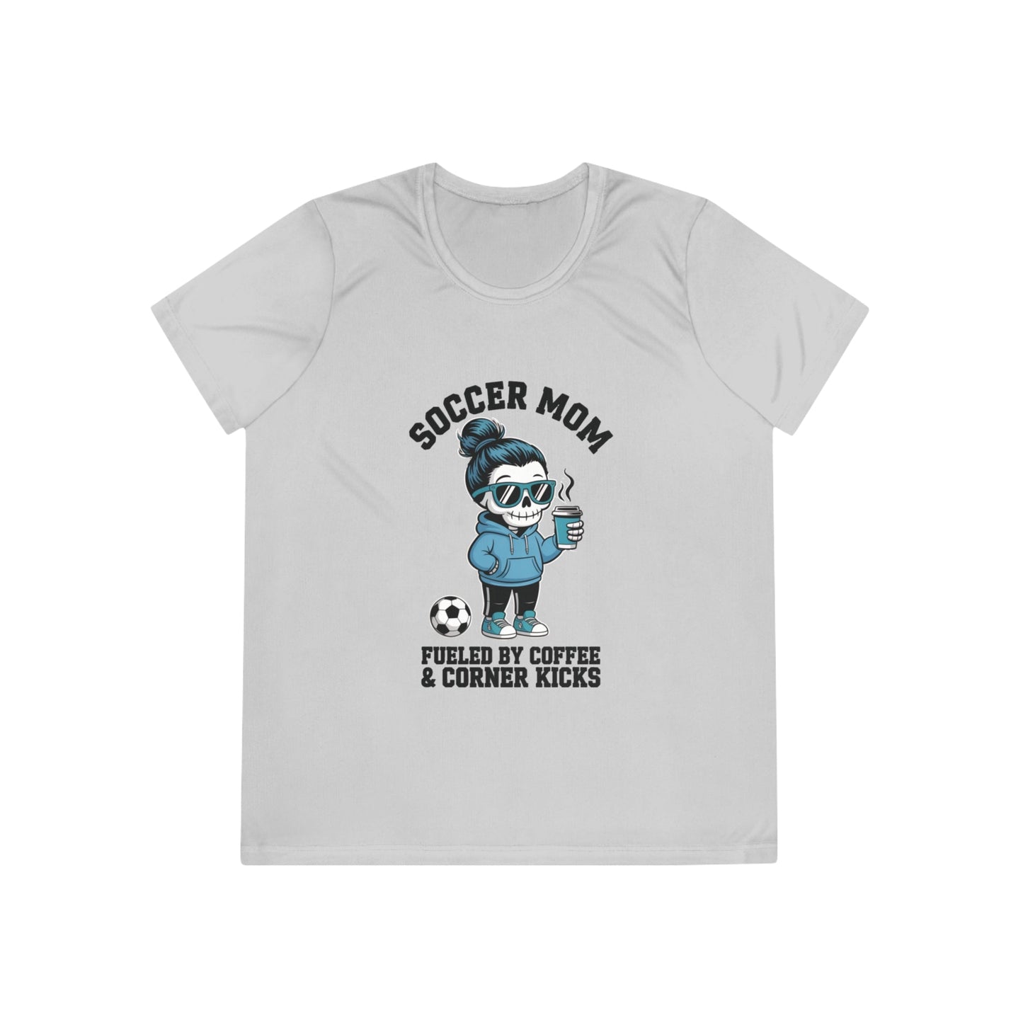 Coffee And Corner Kicks Mom Ladies Moisture Wicking Tee