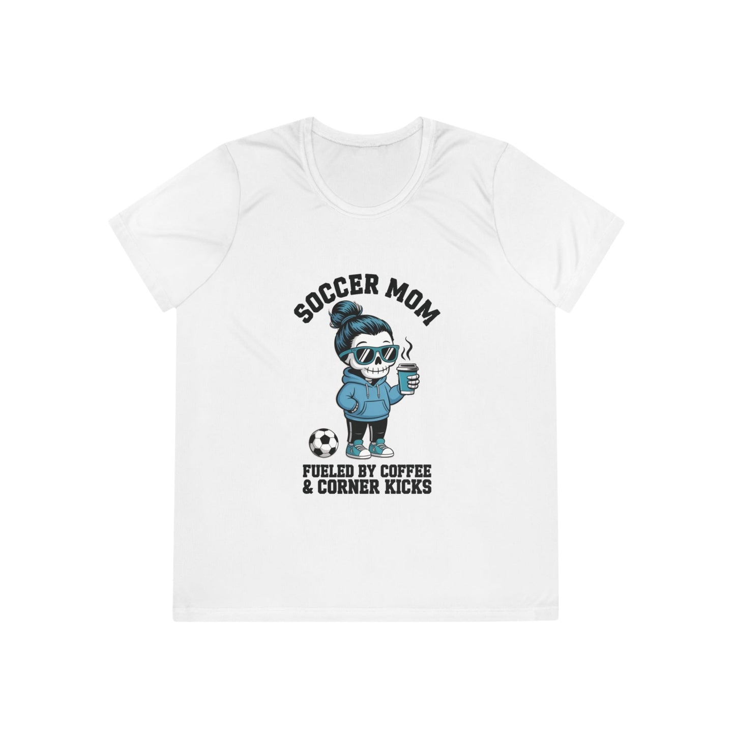 Coffee And Corner Kicks Mom Ladies Moisture Wicking Tee