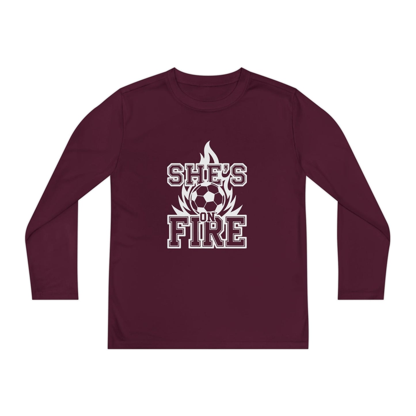 She's On Fire Soccer Youth Long Sleeve Competitor Tee