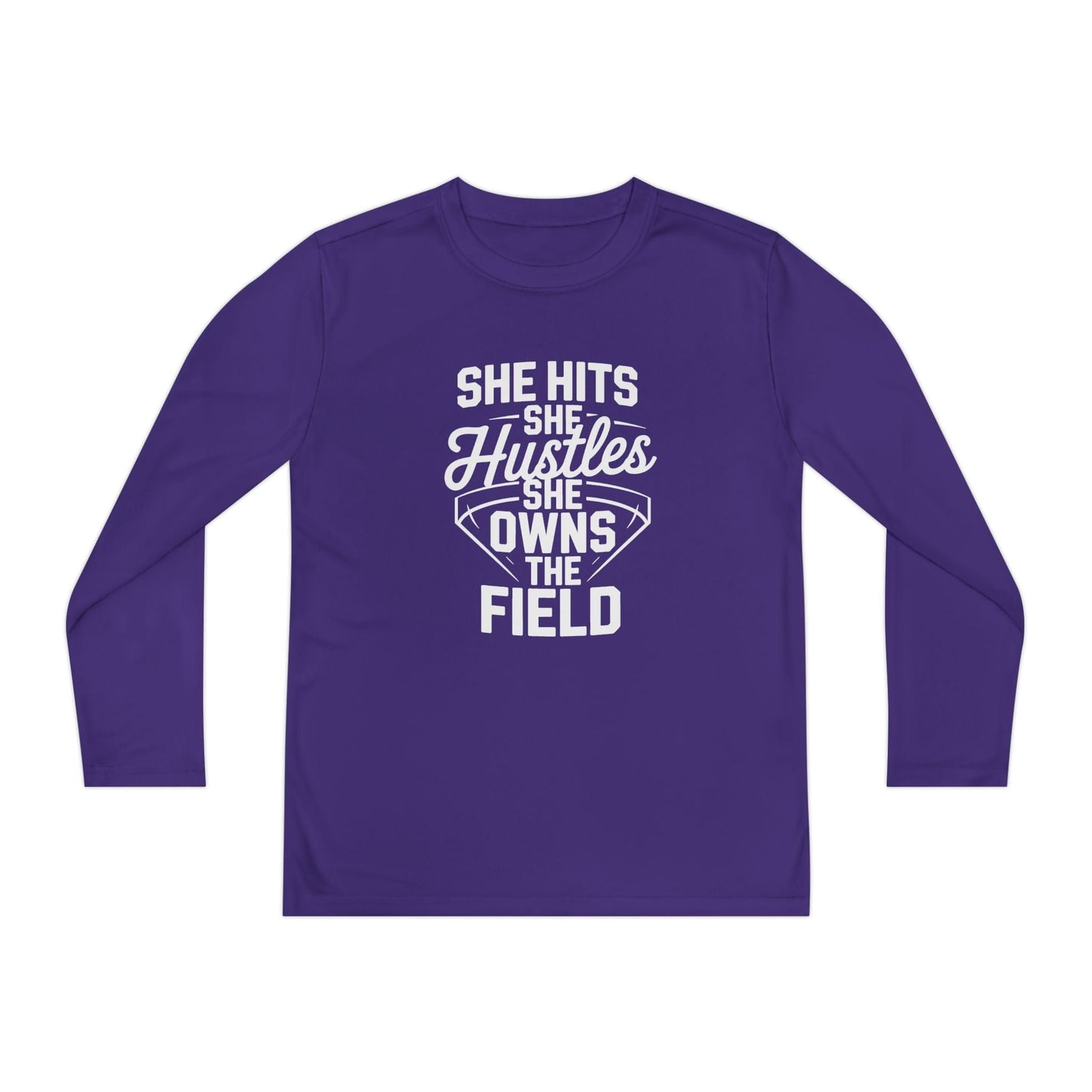 She Hits She Hustles She Owns the Field Youth Long Sleeve Competitor Tee