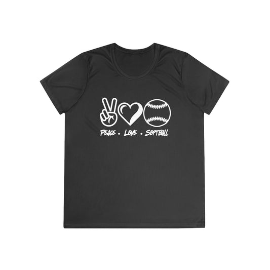 Peace • Love • Softball  Ladies Moisture Wicking Tee