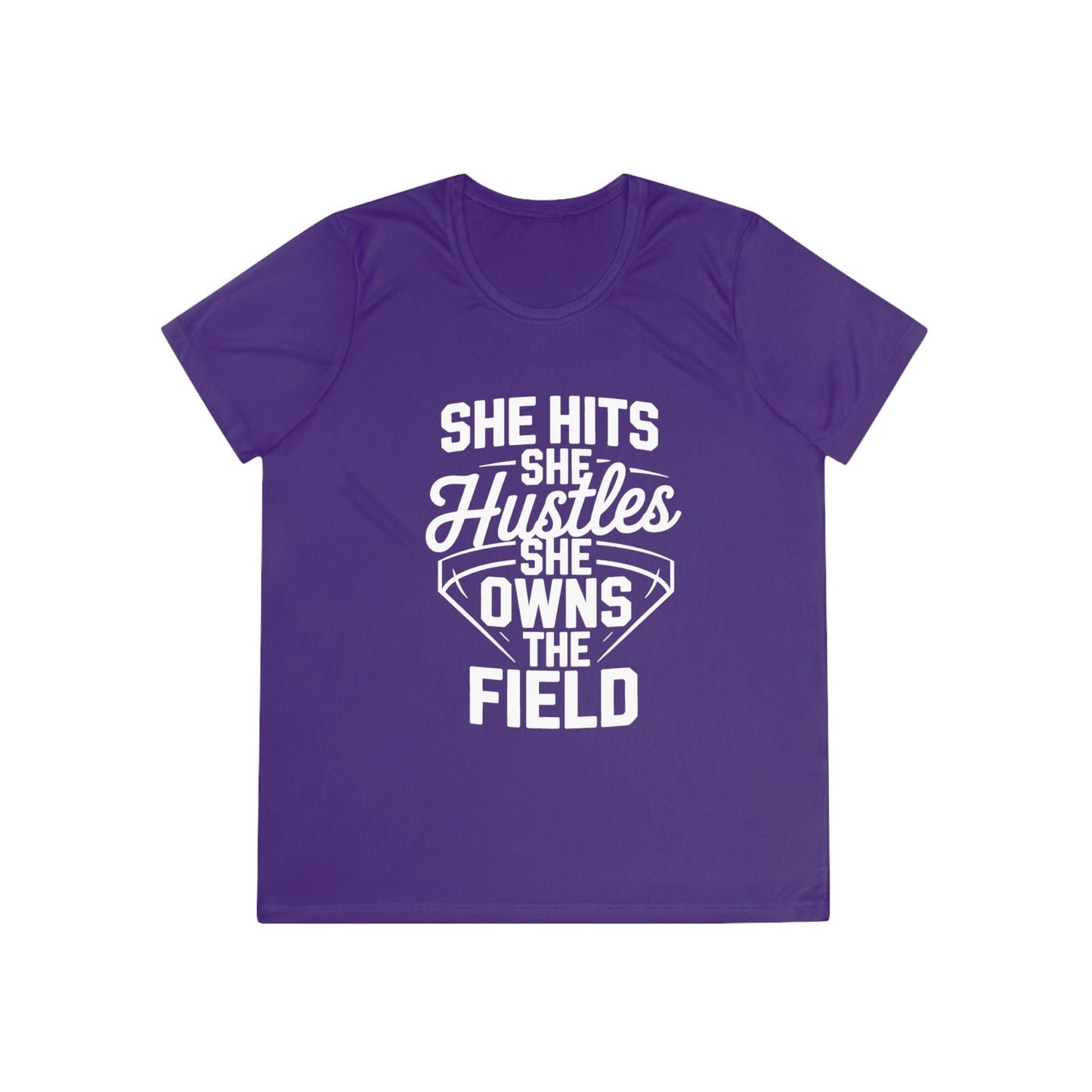 She Hits She Hustles She Owns the Field Ladies Moisture Wicking Tee
