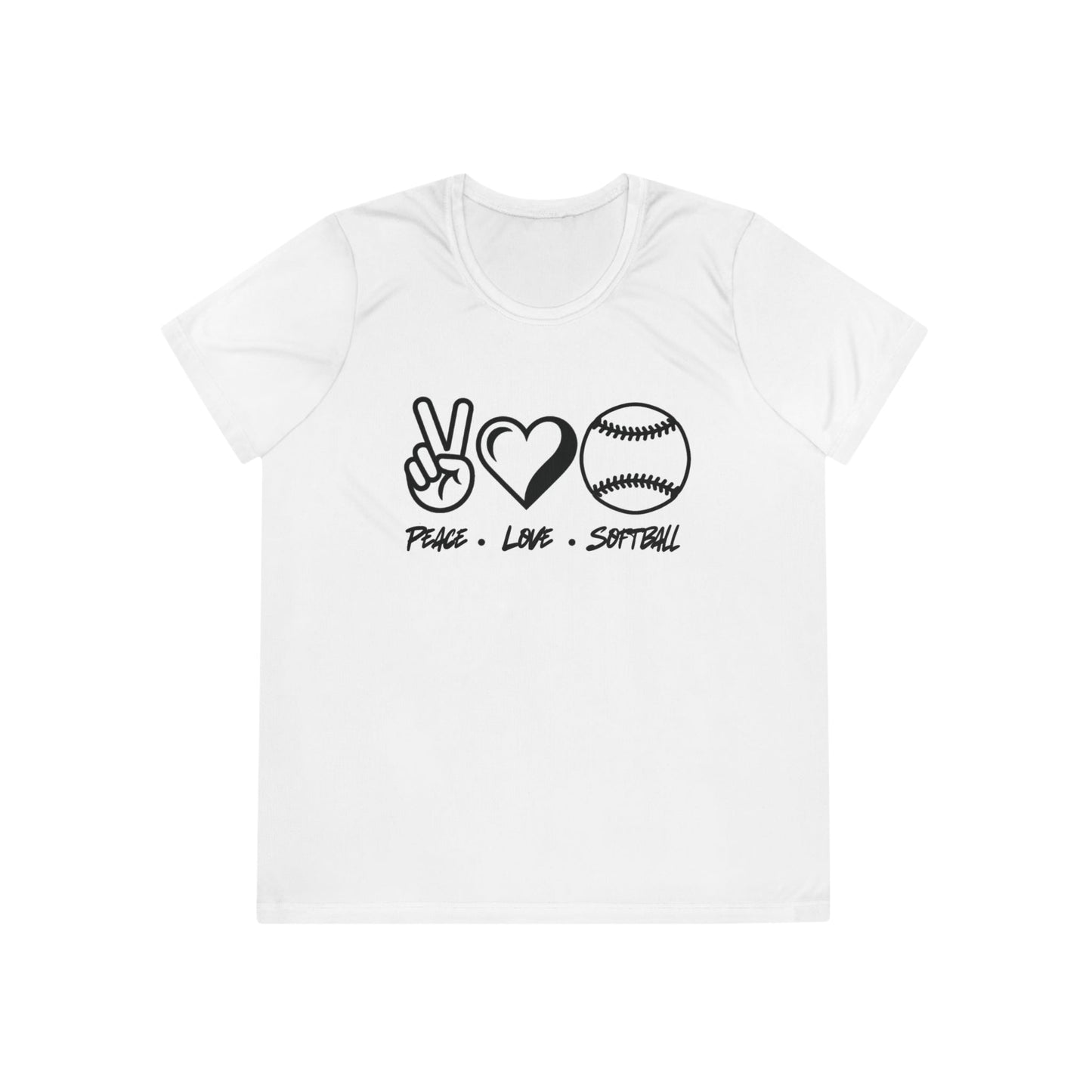 Peace • Love • Softball  Ladies Moisture Wicking Tee