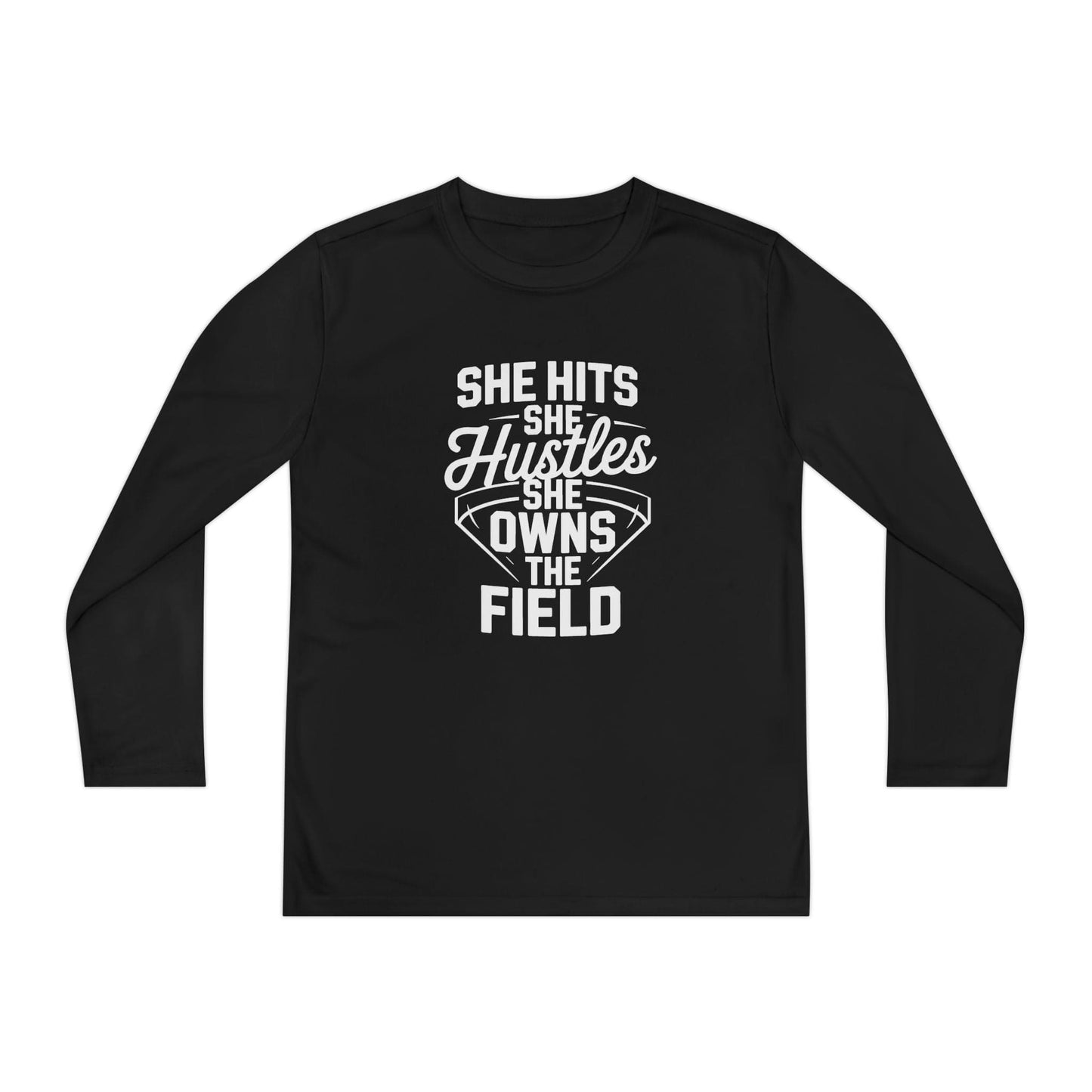 She Hits She Hustles She Owns the Field Youth Long Sleeve Competitor Tee