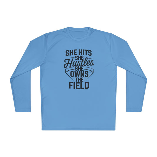 She Hits She Hustles She Owns the Field Lightweight Long Sleeve Tee