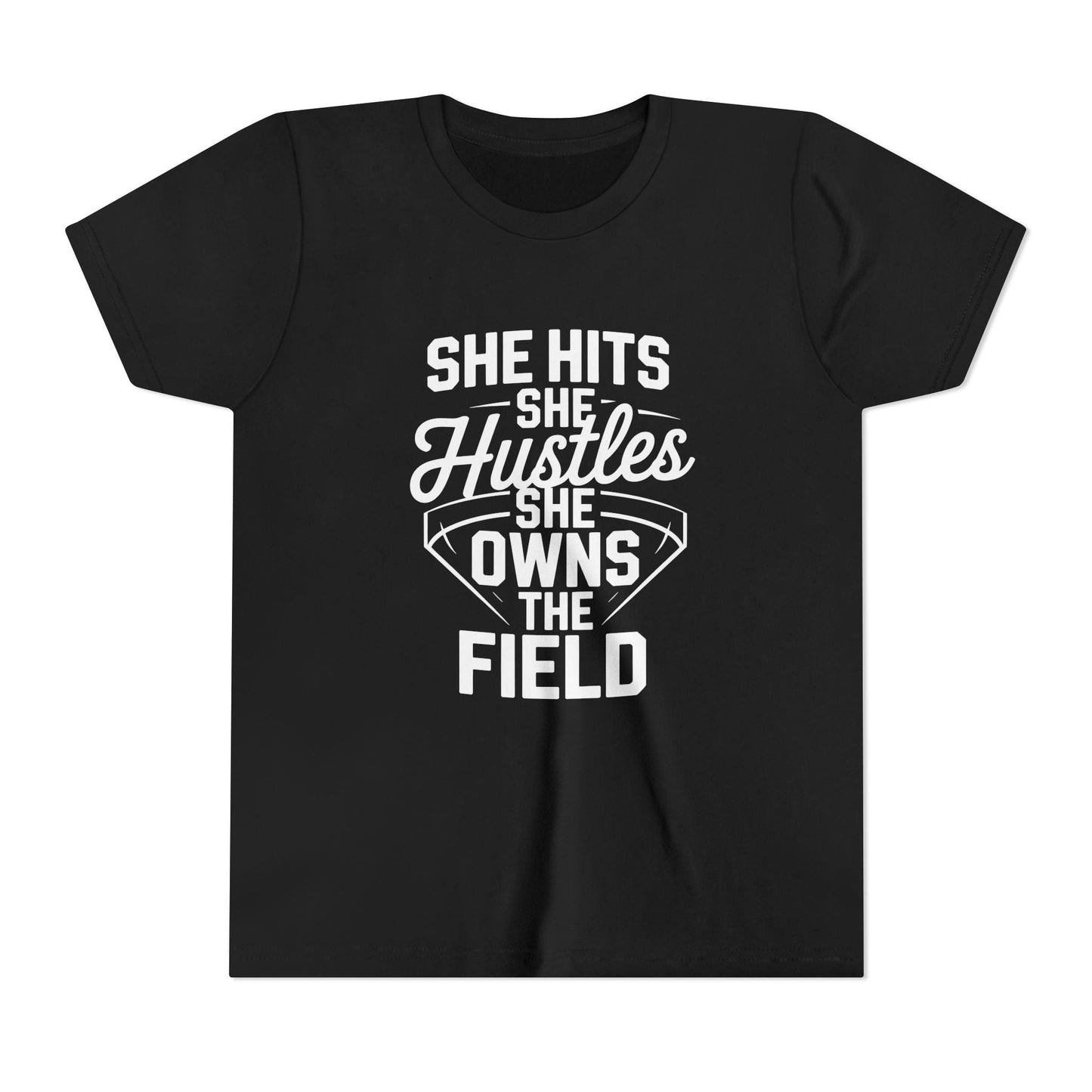 She Hits She Hustles She Owns the Field Youth Short Sleeve Tee