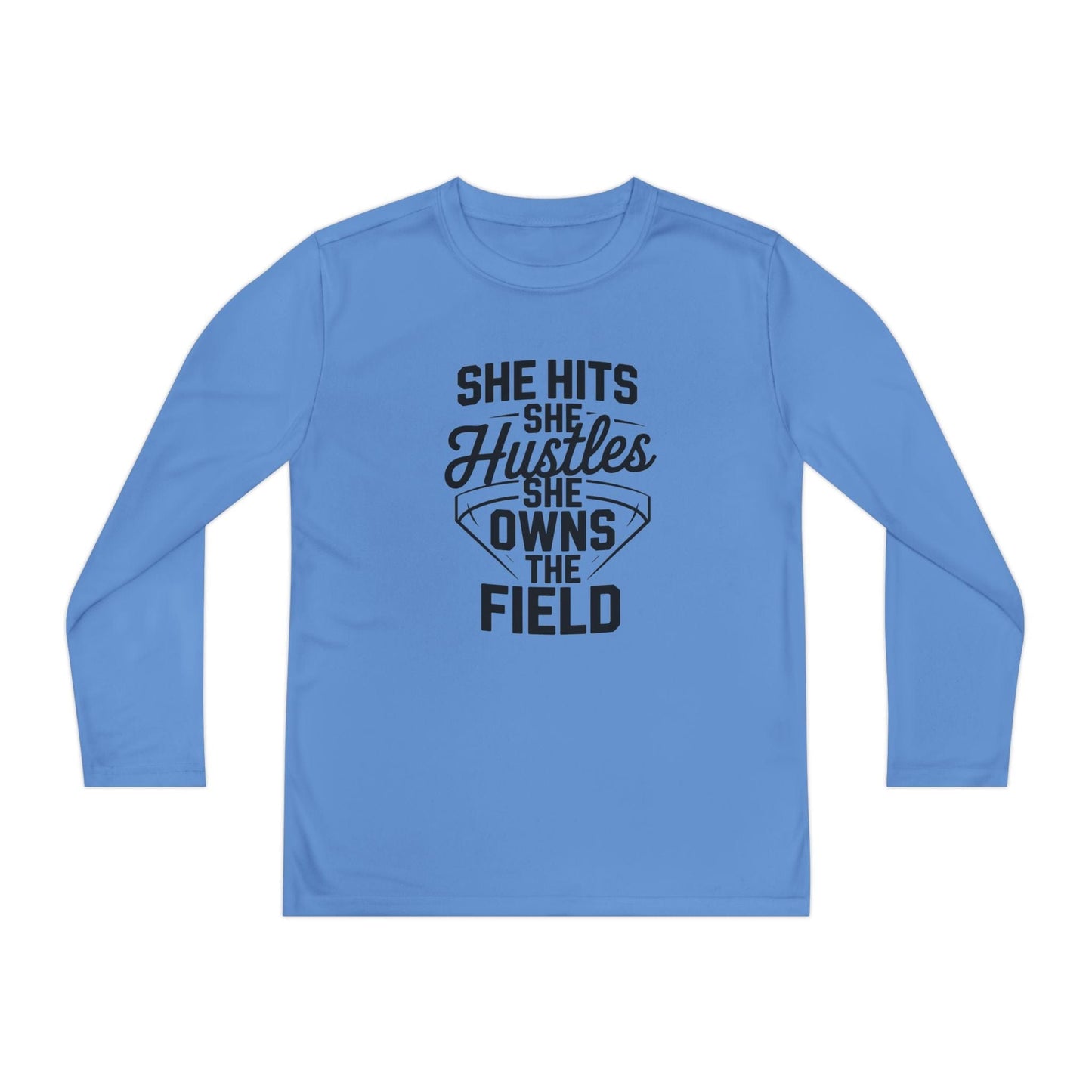 She Hits She Hustles She Owns the Field Youth Long Sleeve Competitor Tee