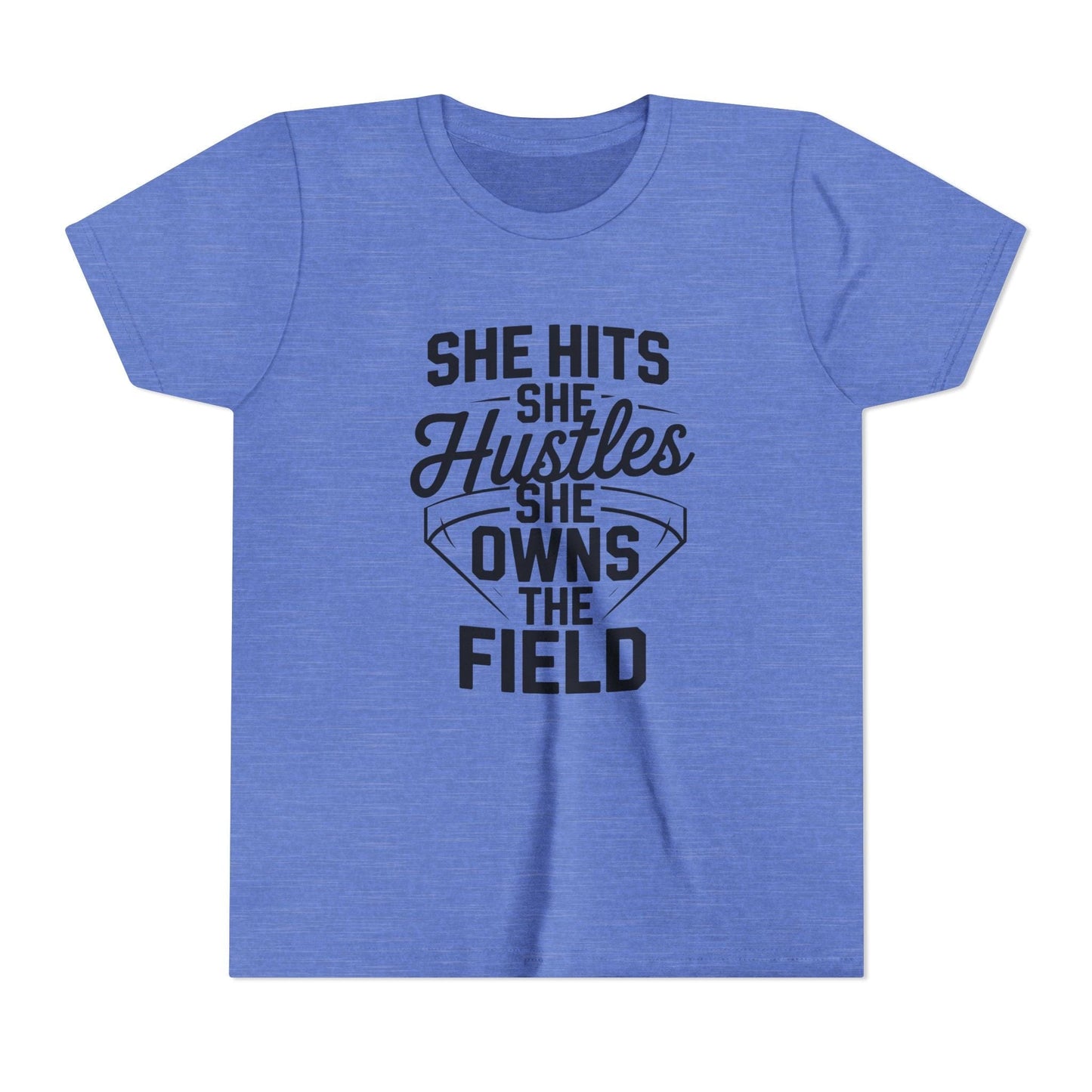 She Hits She Hustles She Owns the Field Youth Short Sleeve Tee