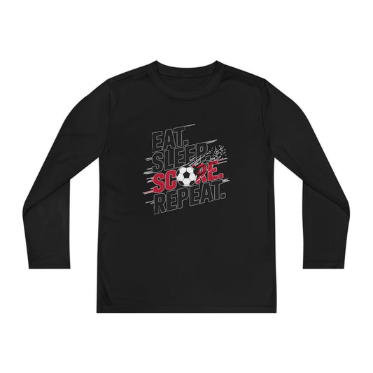Eat, Sleep, Score Repeat Soccer  Youth Long Sleeve Competitor Tee