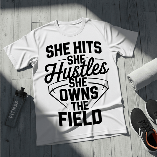 She Hits She Hustles She Owns the Field  T-Shirt