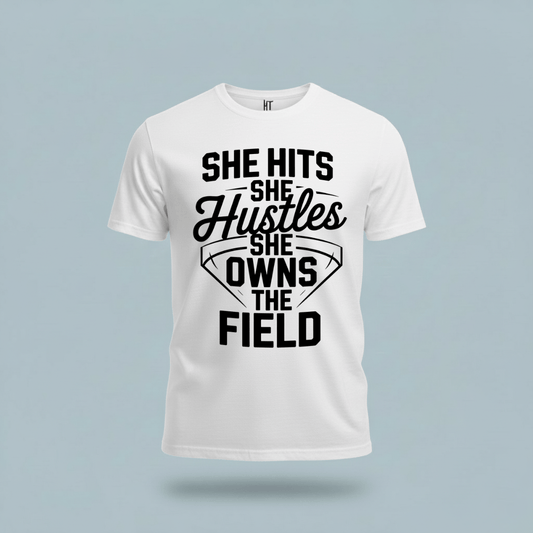 She Hits She Hustles She Owns the Field  T-Shirt